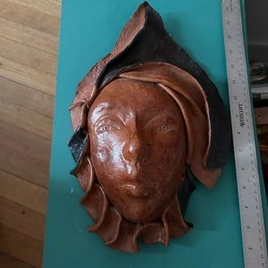 VTG Tribal Leather Woman's Face Hand Tool Molded Haitian Folk Art Wall Decor